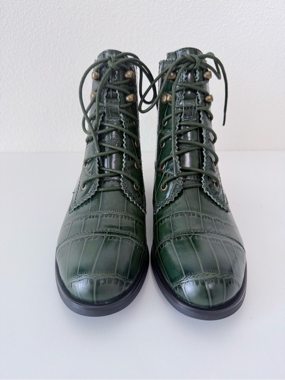 Jeffrey Campbell Junction Great Moments Green Croc Embossed Leather Boots Size 6 - Picture 3 of 13